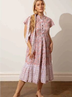 Indigo Desert Floral Block Print Midi Dress